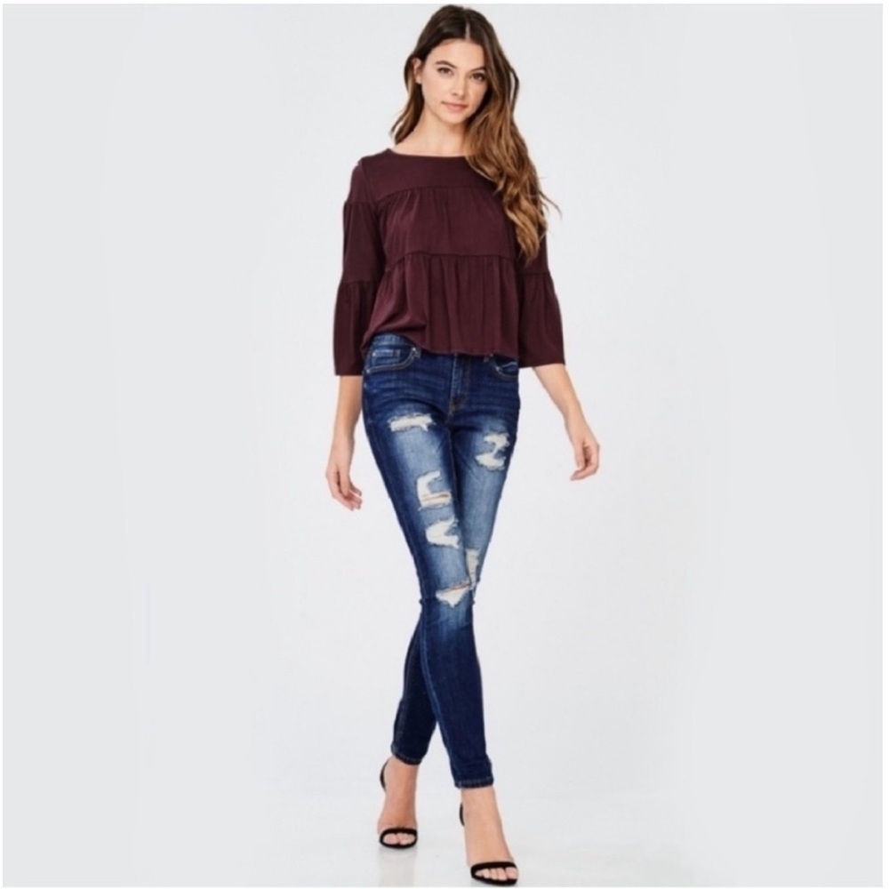 Quarter Sleeves Tiered Top Burgundy